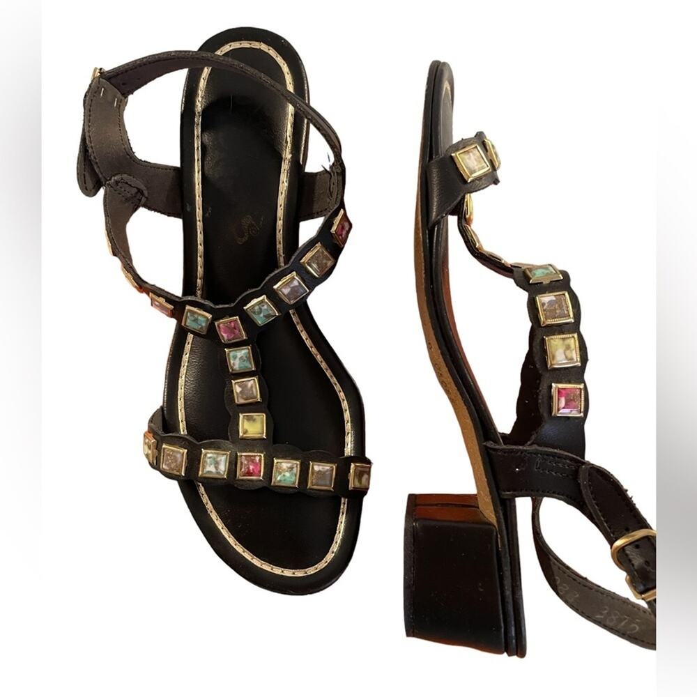 Vintage Signals Sandals Womens 7 Black Leather Faux Stones Gems Open Ankle Strap